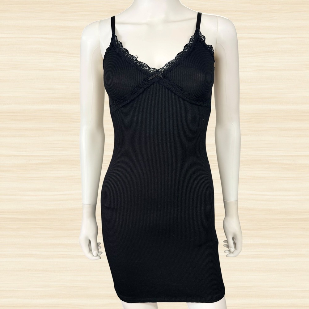 H&M Divided Black Ribbed Lace Trim Bodycon Mini Dress Coquette Y2K Womens XS